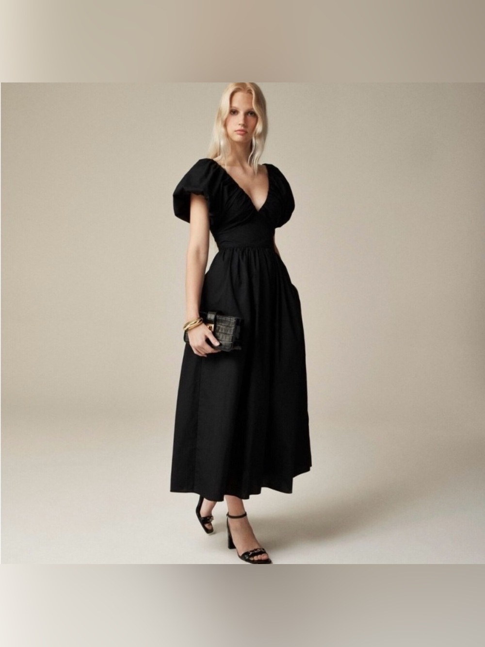 J.Crew Black Puff-Sleeve V-Neck Midi Dress